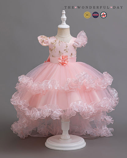 Luxury Asymmetric Sleeve Gold Embroidered High-Low Tulle Princess Dress with Rose Ruffle Layers