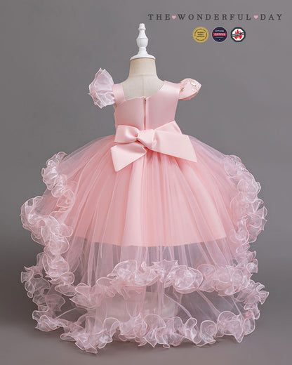 Luxury Asymmetric Sleeve Gold Embroidered High-Low Tulle Princess Dress with Rose Ruffle Layers