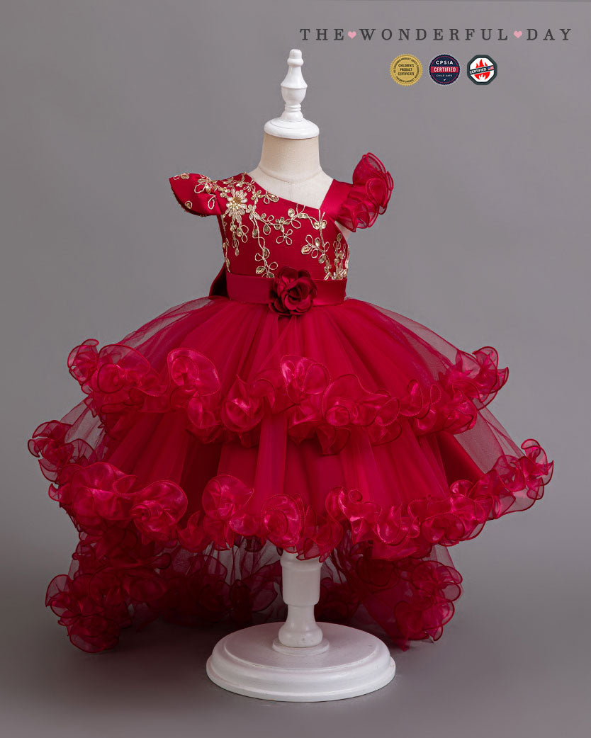 Luxury Asymmetric Sleeve Gold Embroidered High-Low Tulle Princess Dress with Rose Ruffle Layers