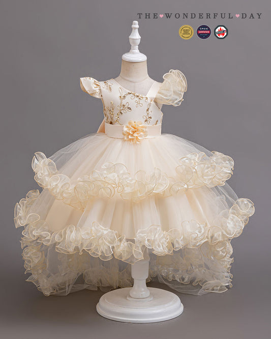 Luxury Asymmetric Sleeve Gold Embroidered High-Low Tulle Princess Dress with Rose Ruffle Layers