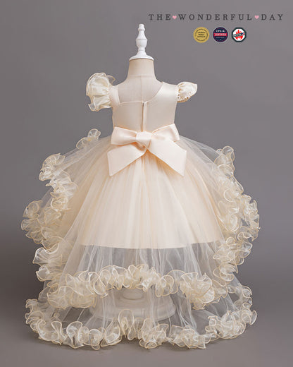 Luxury Asymmetric Sleeve Gold Embroidered High-Low Tulle Princess Dress with Rose Ruffle Layers