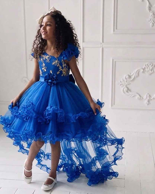 Luxury Asymmetric Sleeve Gold Embroidered High-Low Tulle Princess Dress with Rose Ruffle Layers