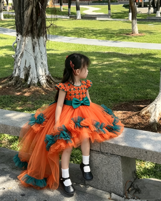 Playful Color Block Sequin High-Low Tulle Princess Dress with Tiered Ruffle Layers