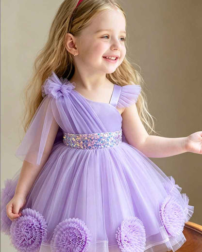 Floral Tulle Asymmetric Strap Party Dress