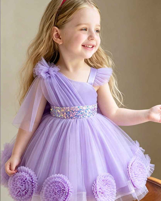 Floral Tulle Asymmetric Strap Party Dress