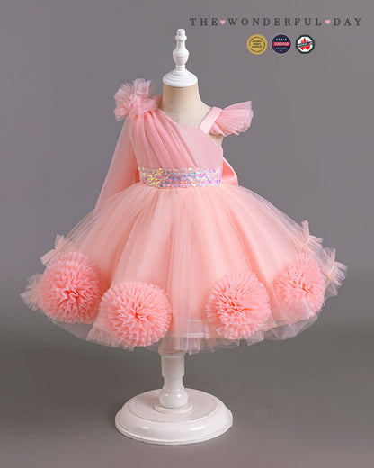 Floral Tulle Asymmetric Strap Party Dress