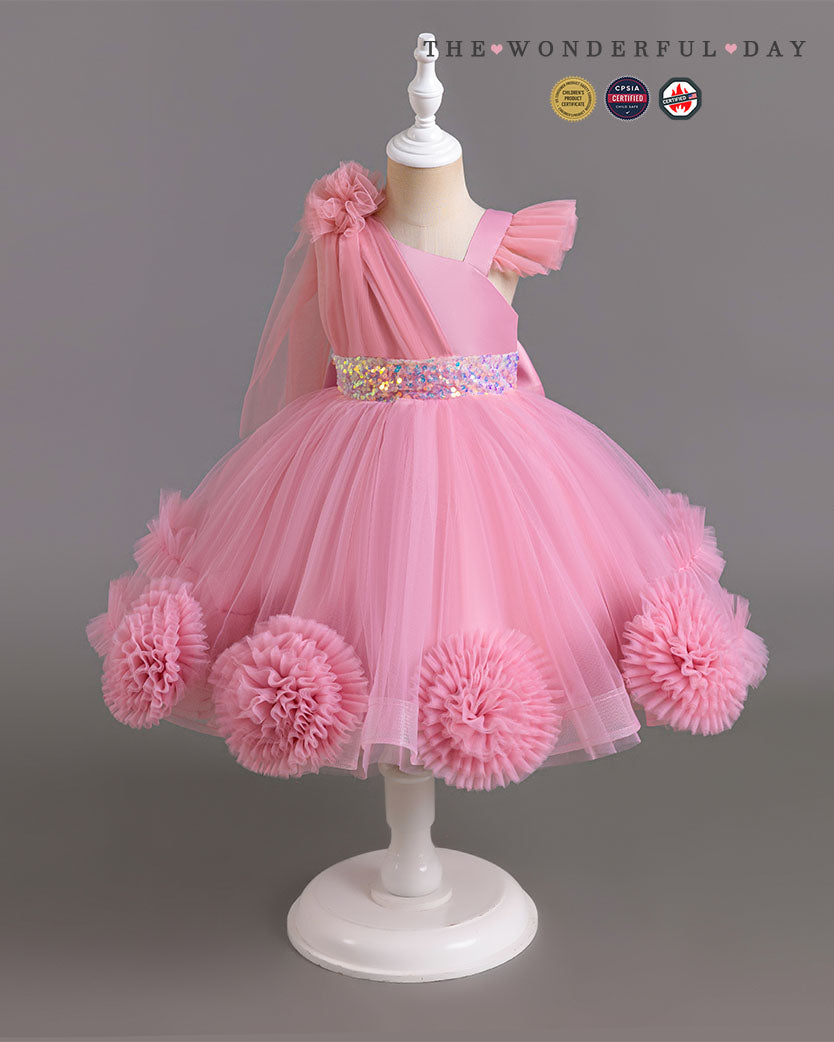 Floral Tulle Asymmetric Strap Party Dress