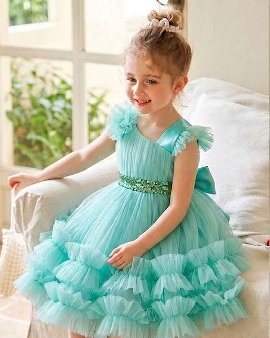 Asymmetric Ruffle Strap Tulle Party Dress with Full Skirt