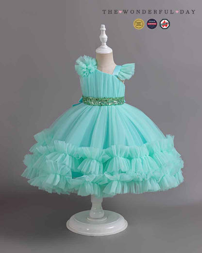Asymmetric Ruffle Strap Tulle Party Dress with Full Skirt