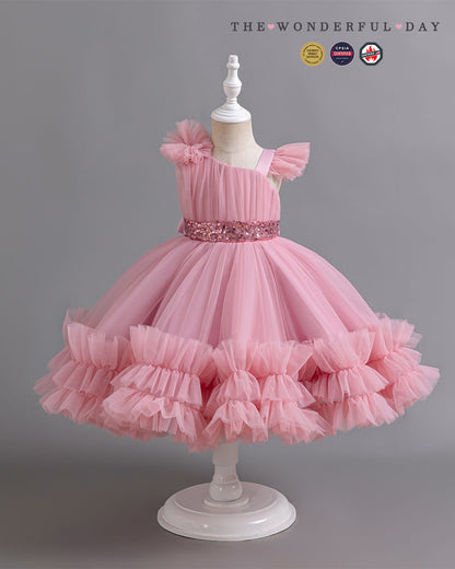 Asymmetric Ruffle Strap Tulle Party Dress with Full Skirt