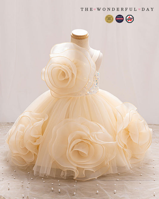 Couture One-Shoulder 3D Rose Ruffle Tulle Princess Dress