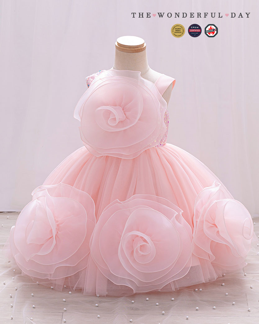 Couture One-Shoulder 3D Rose Ruffle Tulle Princess Dress