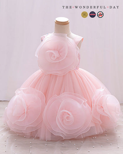 Couture One-Shoulder 3D Rose Ruffle Tulle Princess Dress