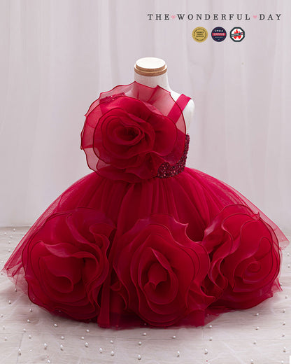 Couture One-Shoulder 3D Rose Ruffle Tulle Princess Dress