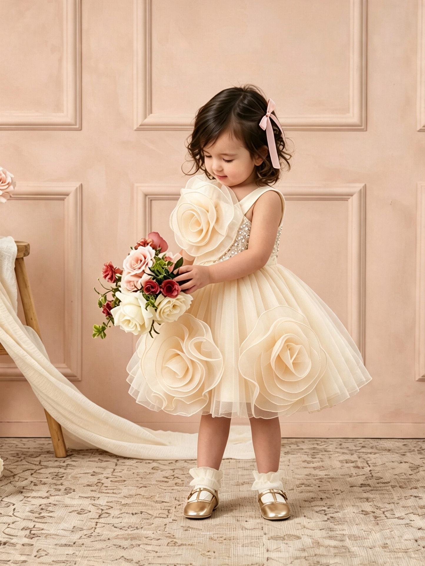 Couture One-Shoulder 3D Rose Ruffle Tulle Princess Dress
