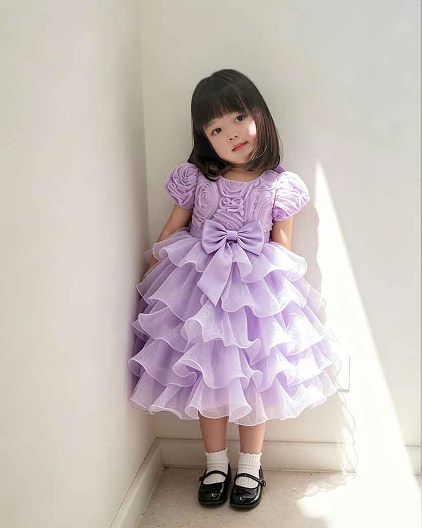 Sweet 3D Flower Puff Sleeve Tiered Ruffle Party Dress