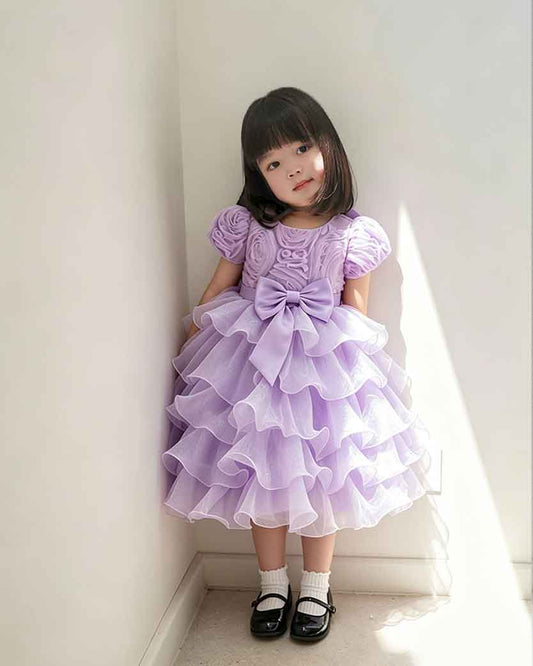Sweet 3D Flower Puff Sleeve Tiered Ruffle Party Dress