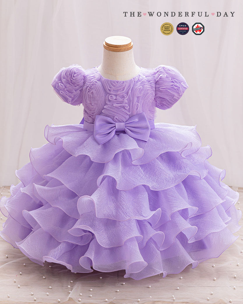 Sweet 3D Flower Puff Sleeve Tiered Ruffle Party Dress