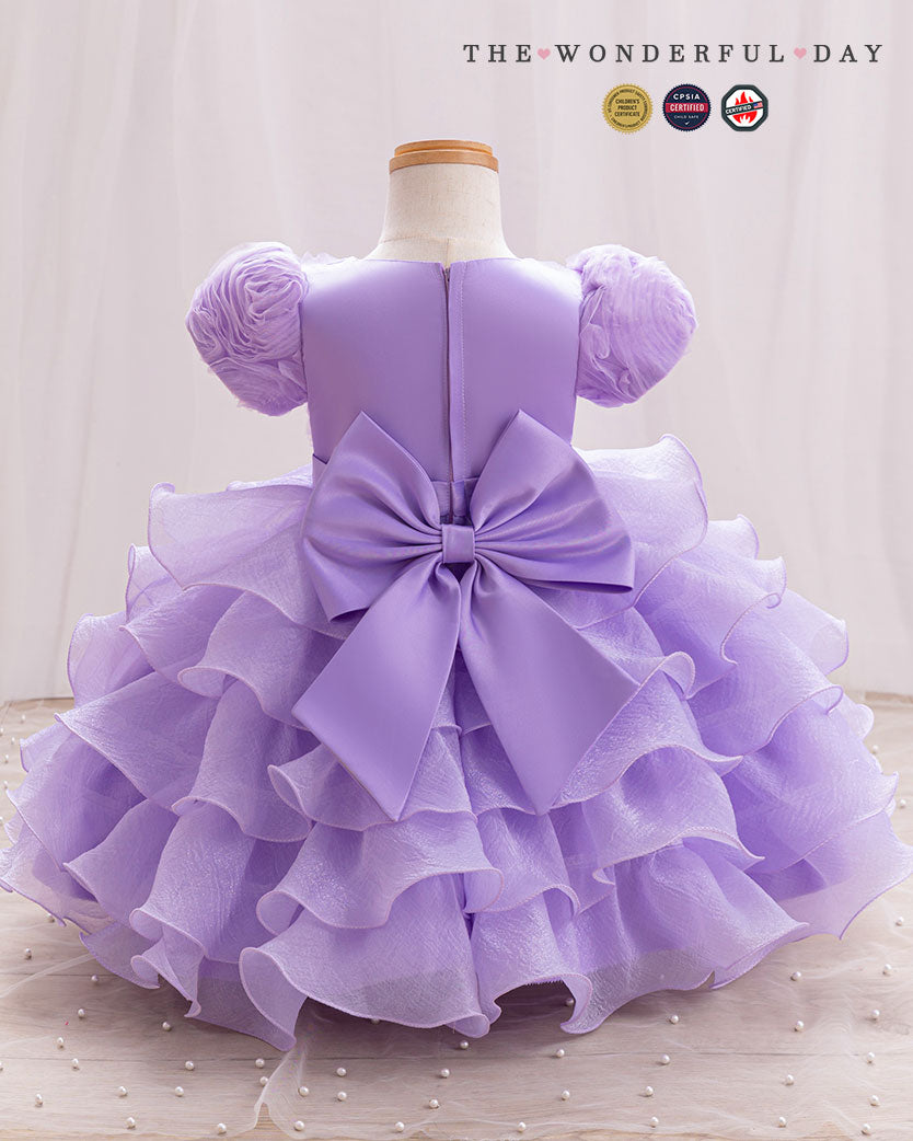Sweet 3D Flower Puff Sleeve Tiered Ruffle Party Dress