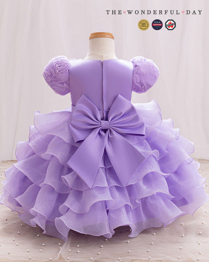 Sweet 3D Flower Puff Sleeve Tiered Ruffle Party Dress