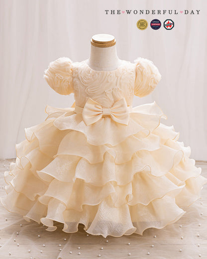Sweet 3D Flower Puff Sleeve Tiered Ruffle Party Dress