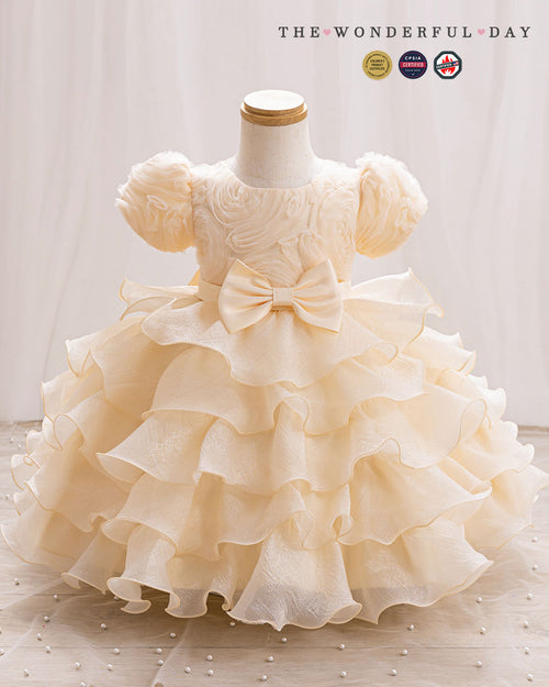 Sweet 3D Flower Puff Sleeve Tiered Ruffle Party Dress