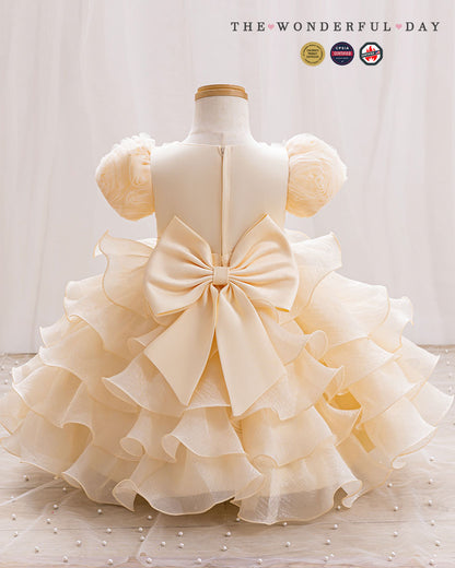 Sweet 3D Flower Puff Sleeve Tiered Ruffle Party Dress