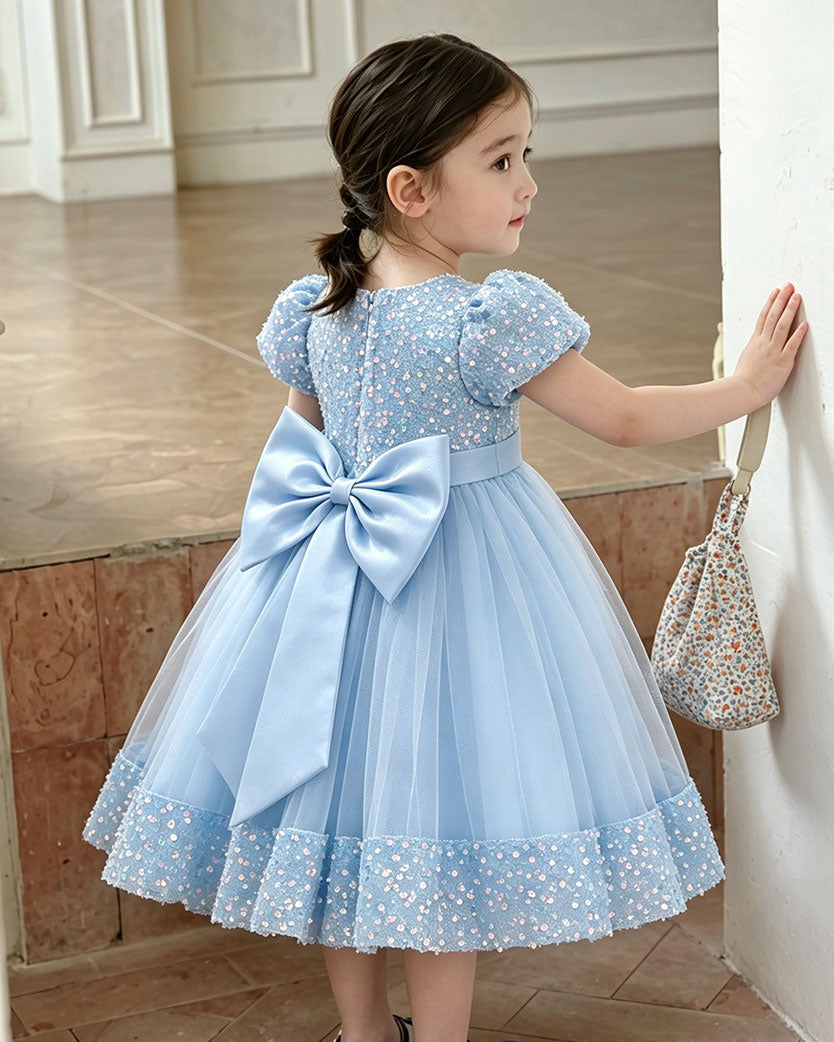 Iridescent Sequin Hem Puff Sleeve Party Dress