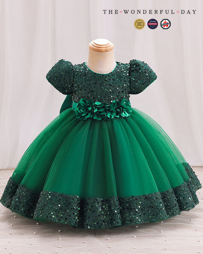 Iridescent Sequin Hem Puff Sleeve Party Dress