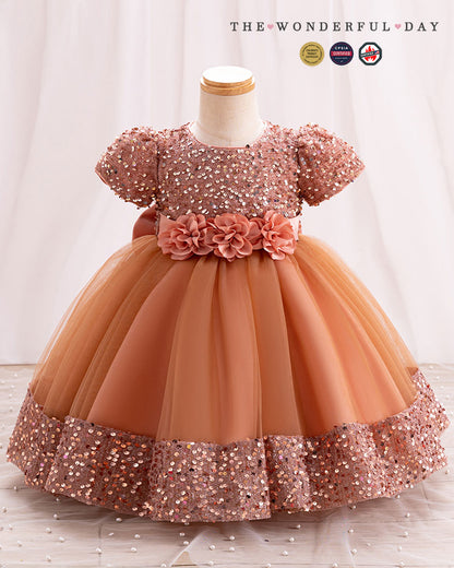 Iridescent Sequin Hem Puff Sleeve Party Dress