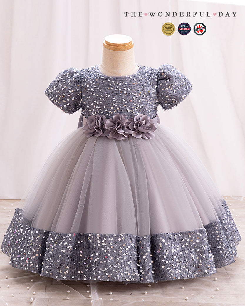 Iridescent Sequin Hem Puff Sleeve Party Dress