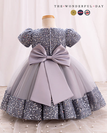 Iridescent Sequin Hem Puff Sleeve Party Dress