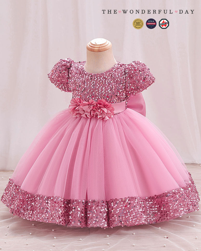 Iridescent Sequin Hem Puff Sleeve Party Dress