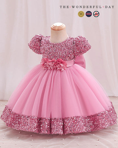 Iridescent Sequin Hem Puff Sleeve Party Dress