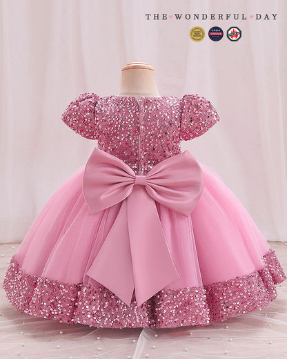 Iridescent Sequin Hem Puff Sleeve Party Dress