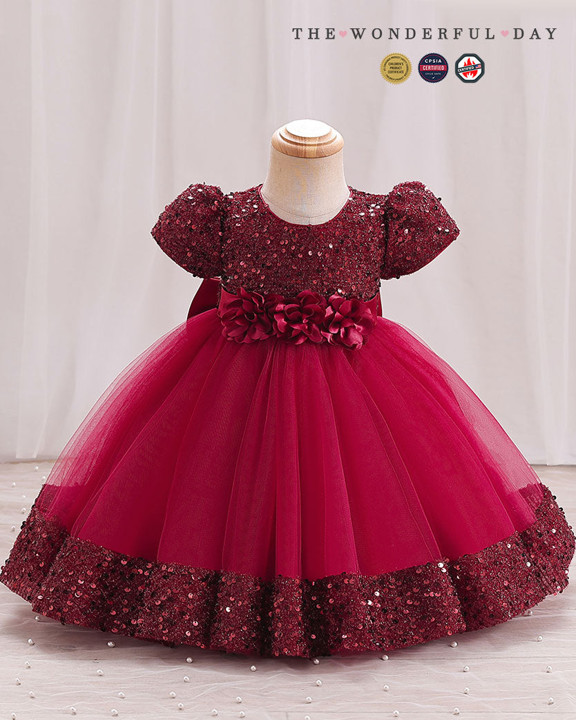Iridescent Sequin Hem Puff Sleeve Party Dress