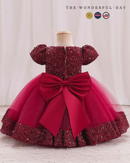Iridescent Sequin Hem Puff Sleeve Party Dress