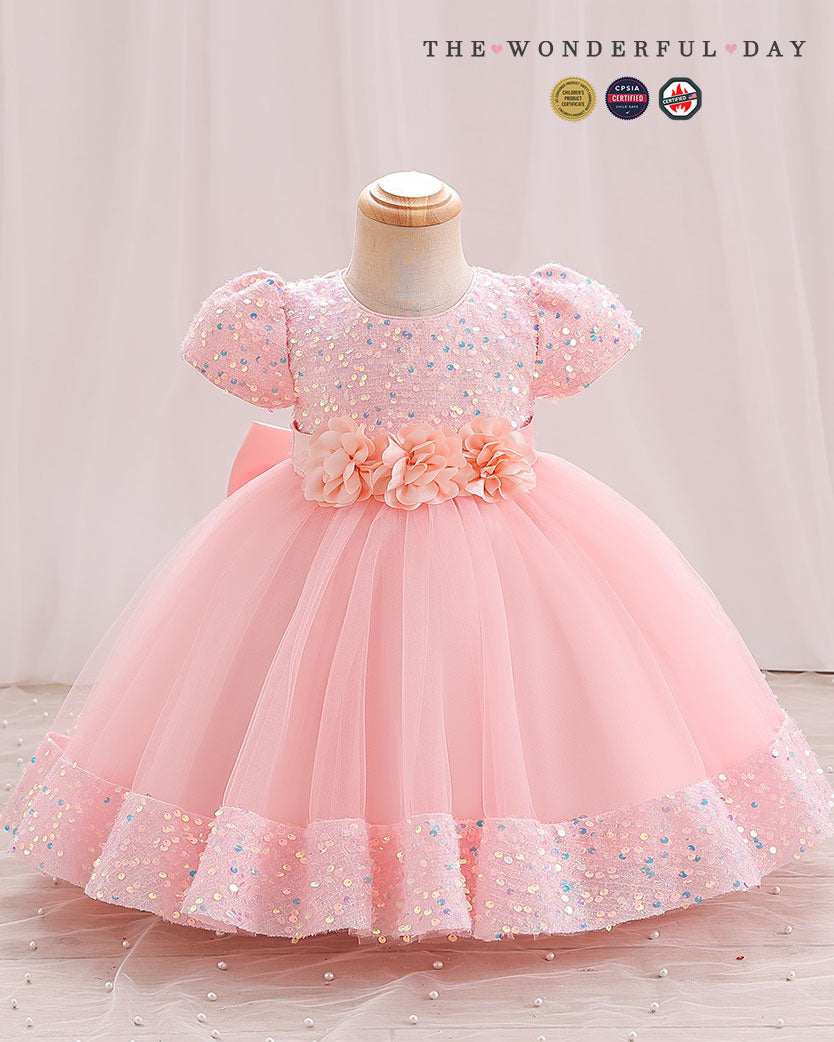 Iridescent Sequin Hem Puff Sleeve Party Dress
