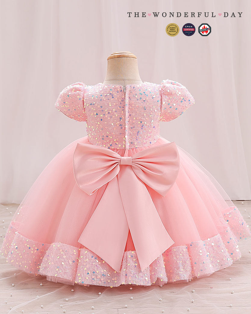 Iridescent Sequin Hem Puff Sleeve Party Dress