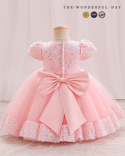 Iridescent Sequin Hem Puff Sleeve Party Dress