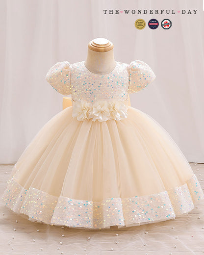 Iridescent Sequin Hem Puff Sleeve Party Dress