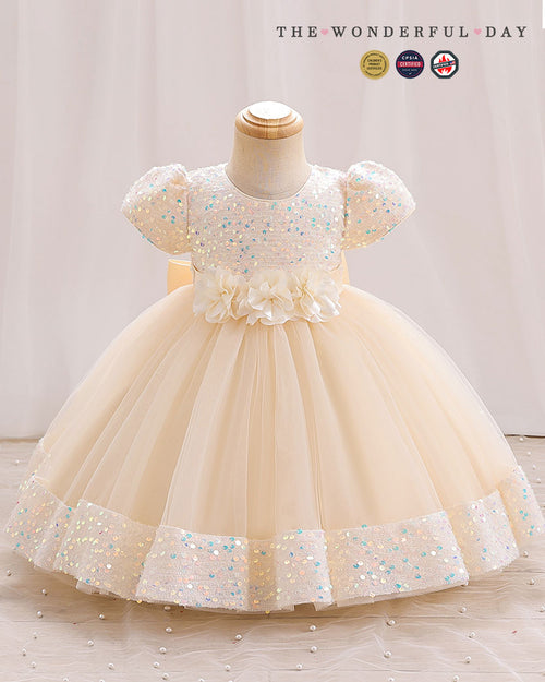 Iridescent Sequin Hem Puff Sleeve Party Dress