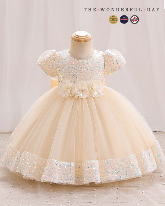 Iridescent Sequin Hem Puff Sleeve Party Dress