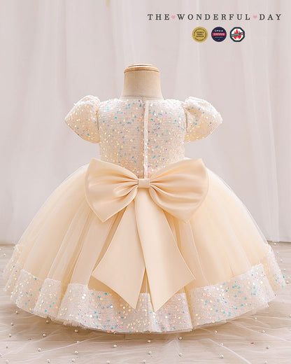 Iridescent Sequin Hem Puff Sleeve Party Dress