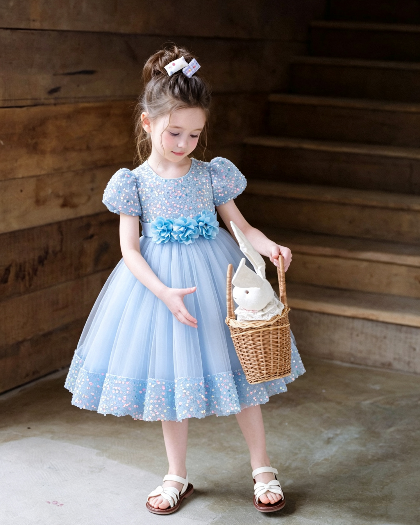 Iridescent Sequin Hem Puff Sleeve Party Dress