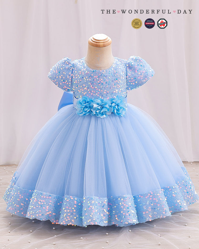 Iridescent Sequin Hem Puff Sleeve Party Dress