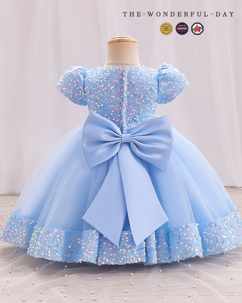 Iridescent Sequin Hem Puff Sleeve Party Dress