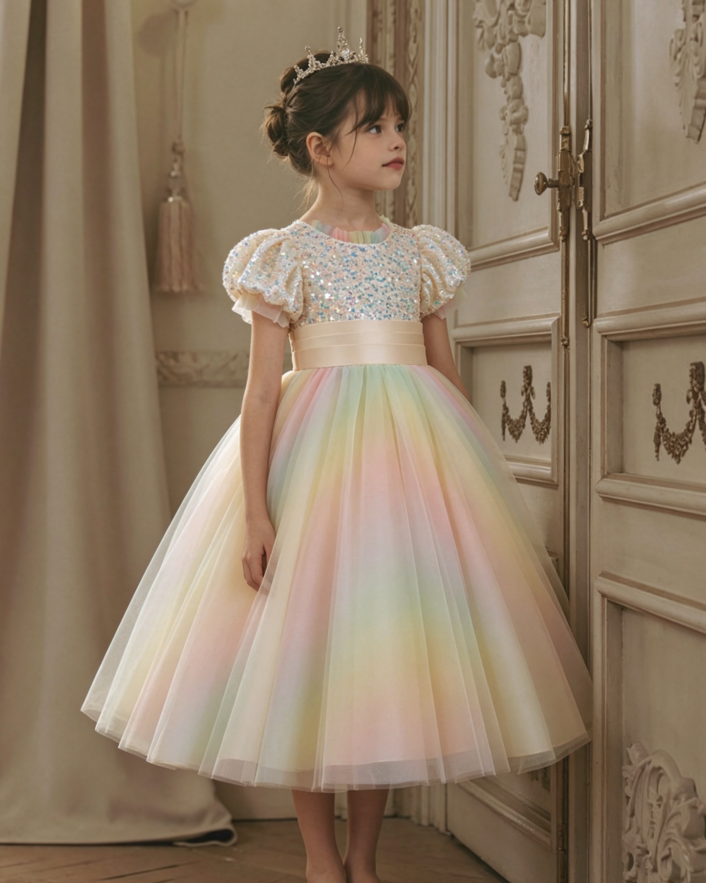 Girls Pastel Rainbow Gradient Puff Sleeve Tulle Princess Dress with Full Skirt