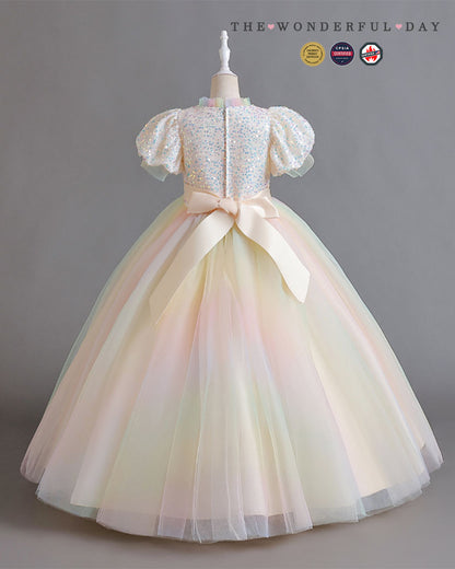 Girls Pastel Rainbow Gradient Puff Sleeve Tulle Princess Dress with Full Skirt