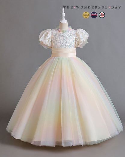 Girls Pastel Rainbow Gradient Puff Sleeve Tulle Princess Dress with Full Skirt